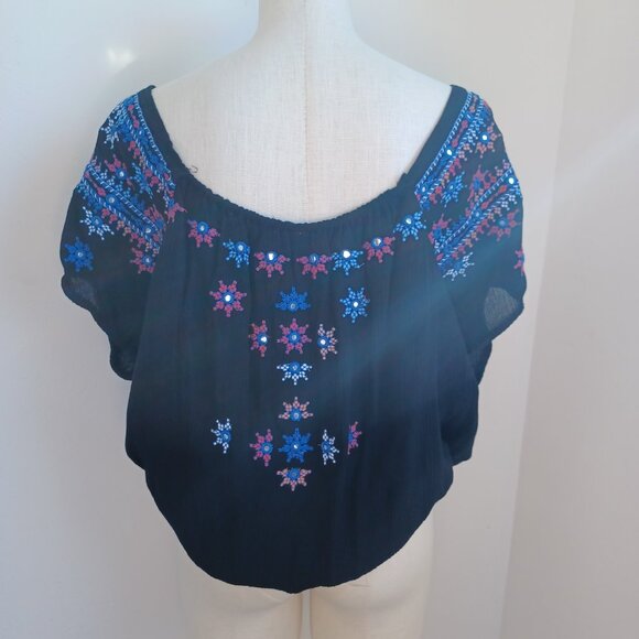 Free People Top Black Embroidered Mirror Cropped Peasant Boho Womens Large - Picture 3 of 13